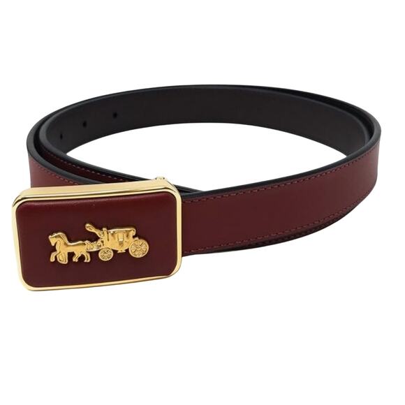 COACH WOMEN'S XL WINE OXBLOOD LEATHER BELT & GOLD GRACE PLAQUE BUCKLE 25 MM NEW - Picture 2 of 2